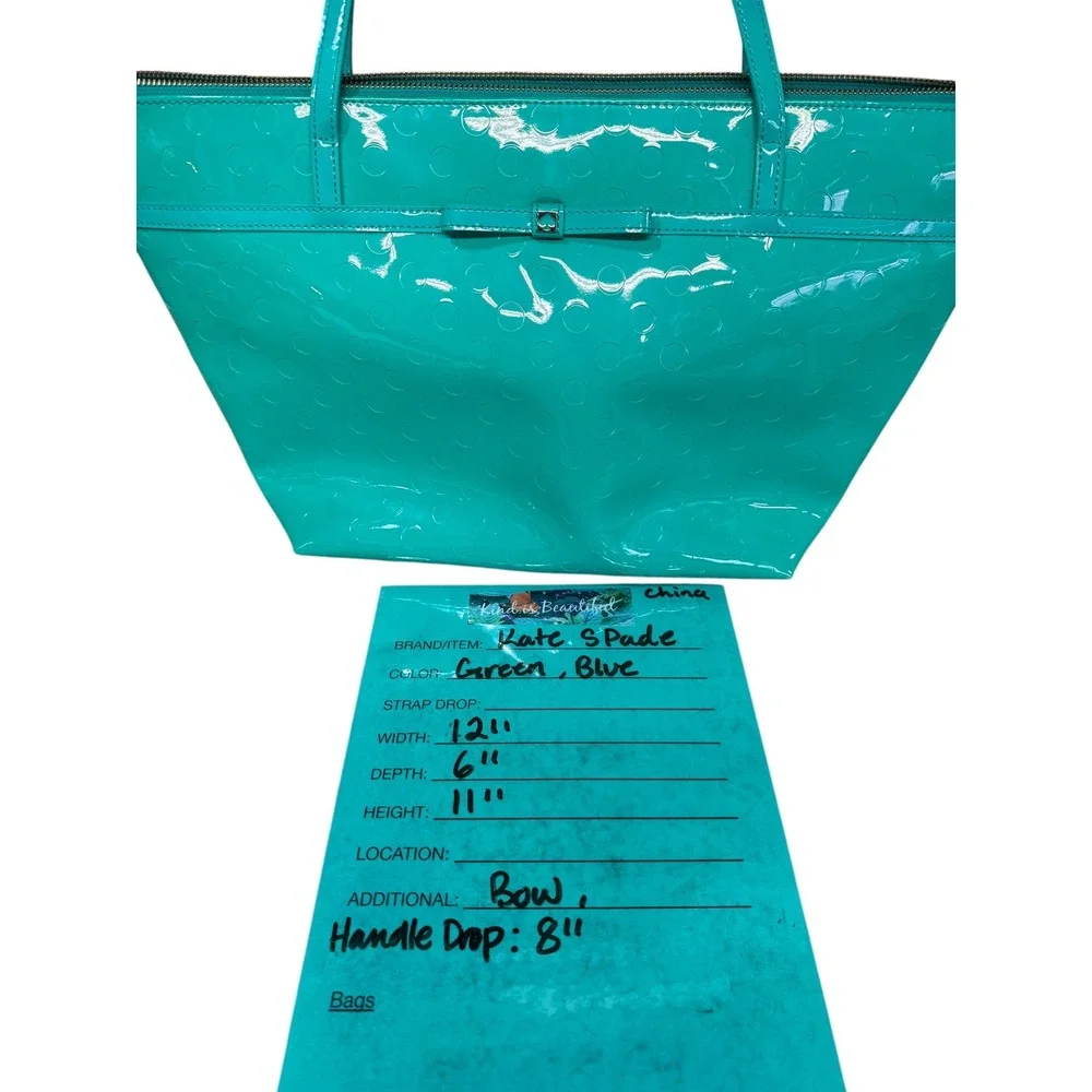 Kate Spade Sophie Camellia Street Patent Tote Bag Womens Teal Bow Shoulder Bag